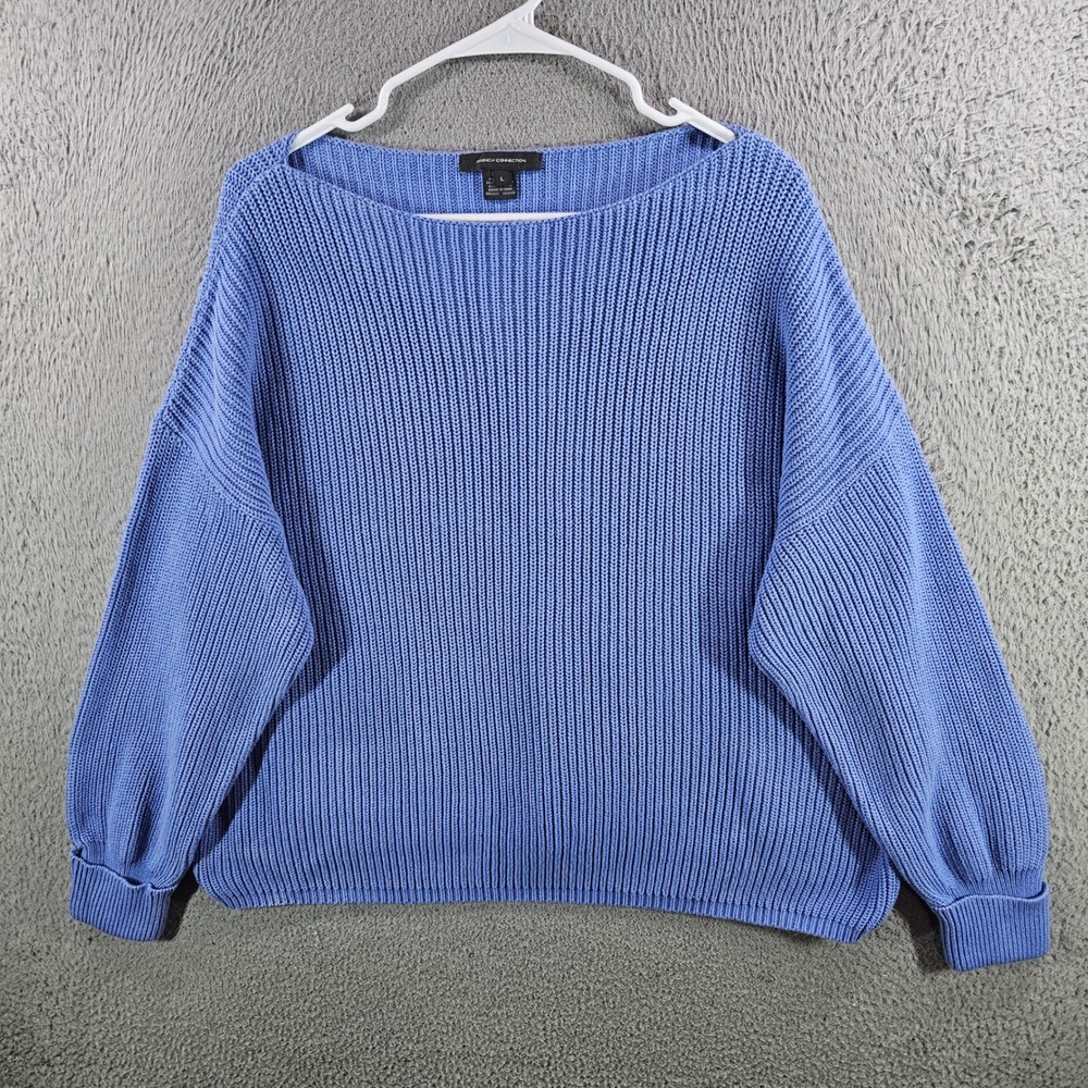 French Connection Womens Blue Cotton Ribbed Boat Neck Pullover Sweater Large